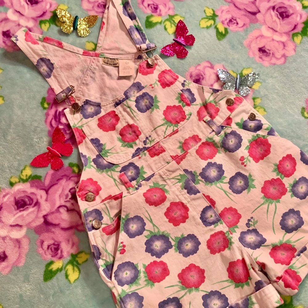 Vtg 90’s White Denim Overalls Pink Purple Flowers - Picture 4 of 9